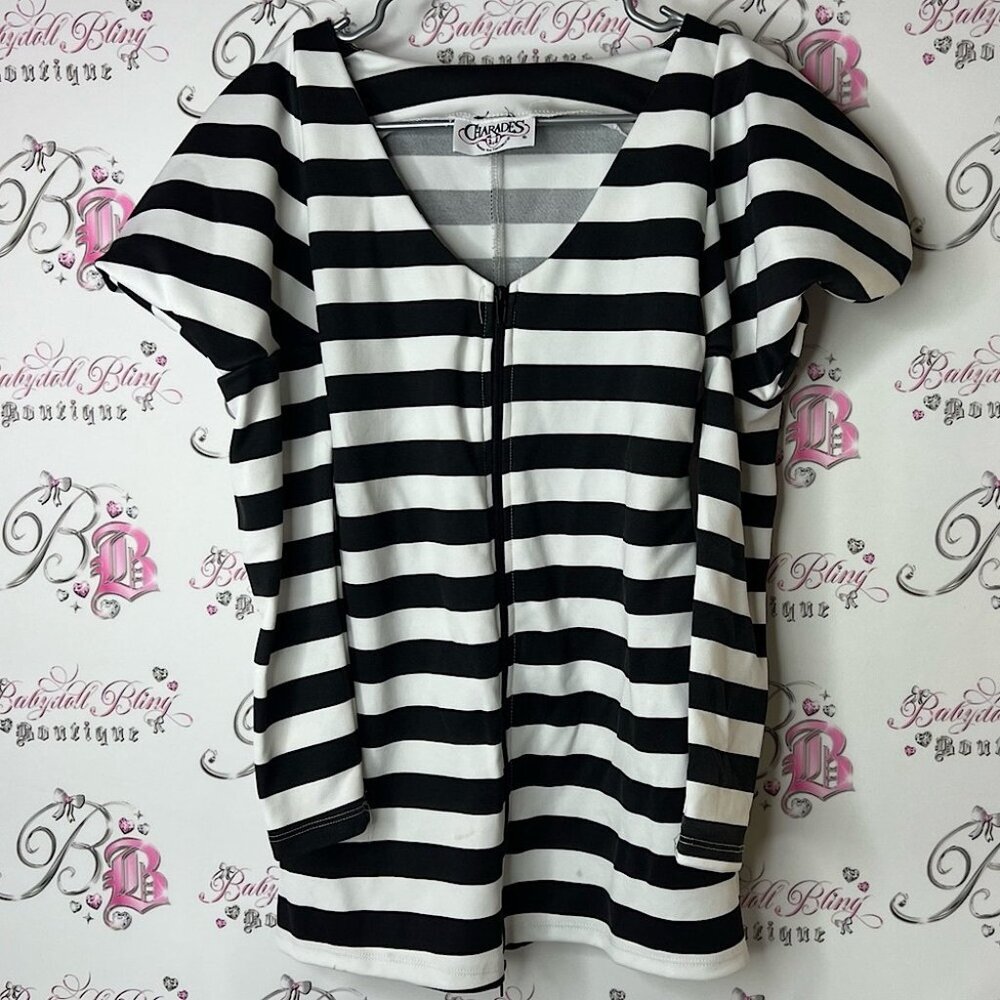 Charades top puffy shoulders Black and White Striped zip up Top costume style